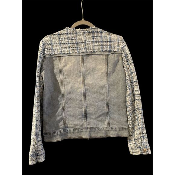 Venus Women's Frayed Button Front Mixed Media Tweed Denim Jacket Blue Size 6 - Picture 4 of 7